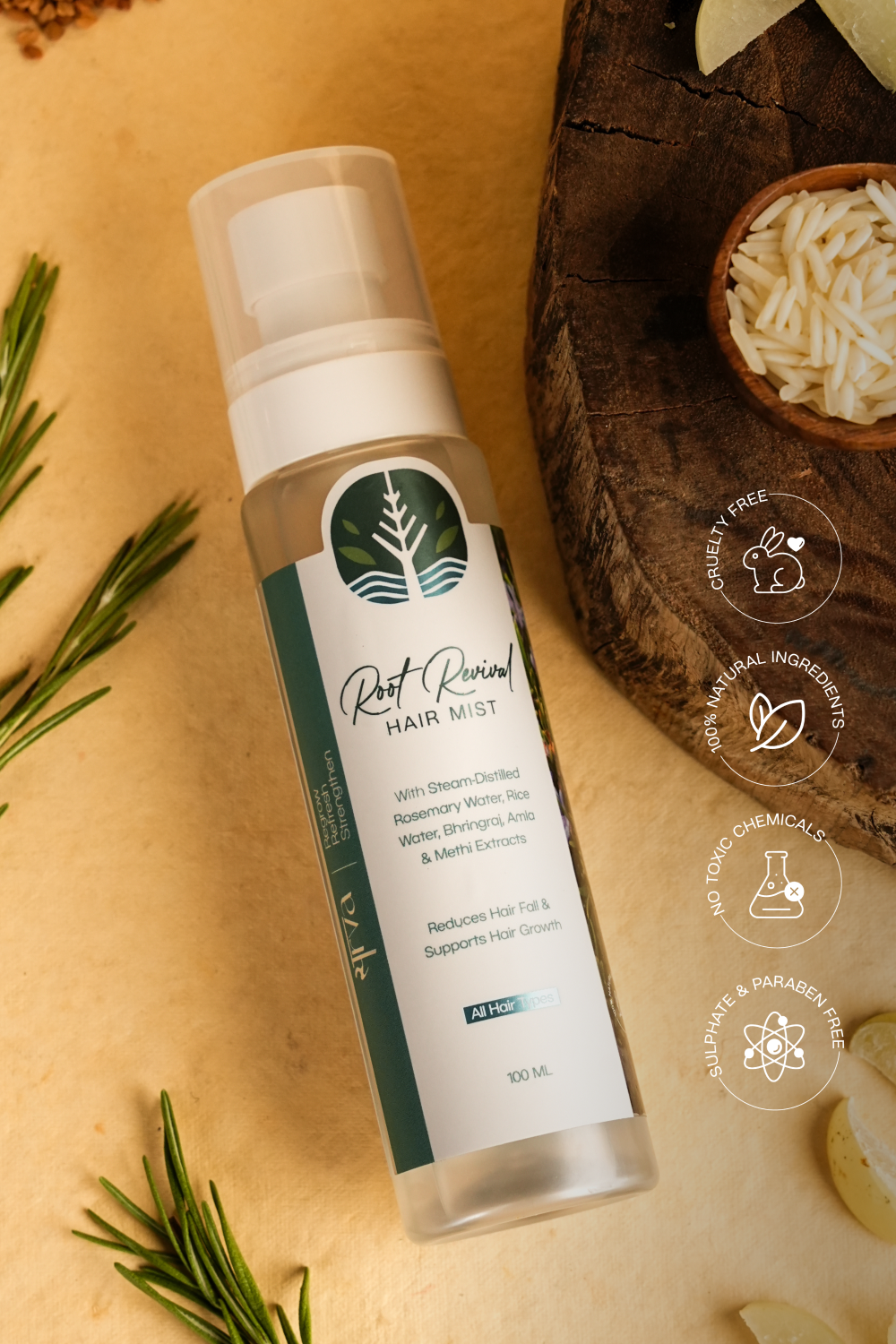 Hair growth mist with rosemary and amla extracts by Sarva for thicker, stronger hair; natural hair growth serum for scalp health, hair regrowth, and anti-hair fall treatment.